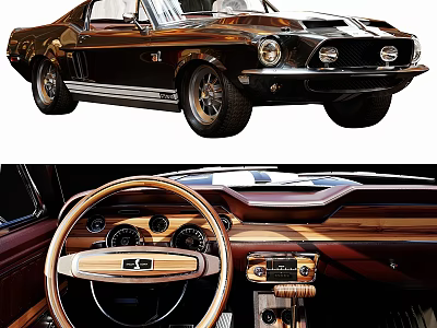 Classic Vintage Car With White Stripes Front Grille And Wooden Steering Wheel Dashboard 3d model