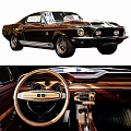 Classic Vintage Car With White Stripes Front Grille And Wooden Steering Wheel Dashboard