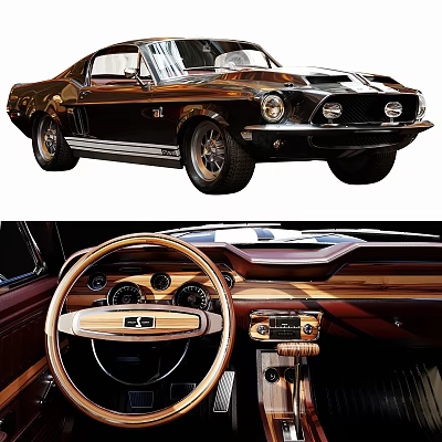 Classic Vintage Car With White Stripes Front Grille And Wooden Steering Wheel Dashboard 3d model