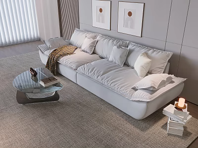 Light Gray Sofa With White Pillows And Glass Coffee Table Set In Modern Living Room 3d model