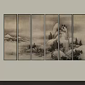 Chinese Traditional Six Panel Snowy Landscape Painting Hanging On Indoor Wall With Mountain Trees