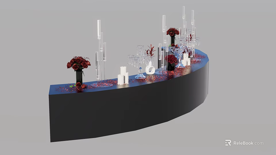Interactive Zone With Black Curved Counter Red Flowers Transparent Goblets White Candles And Red Petals 3d model 
