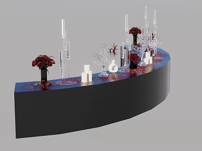Interactive Zone With Black Curved Counter Red Flowers Transparent Goblets White Candles And Red Petals 3d model