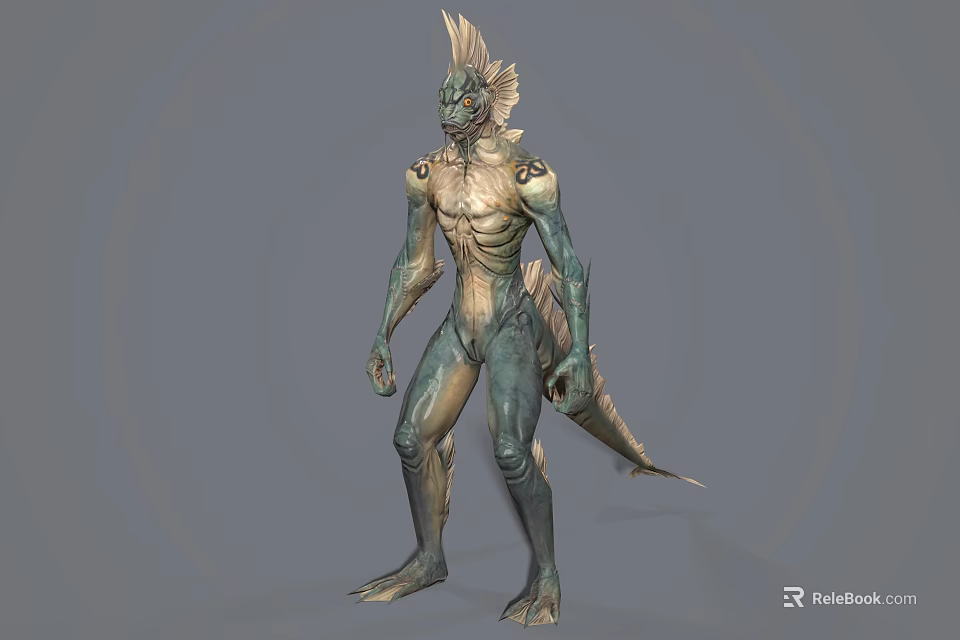 Game Movie Character 3D Render Humanoid Creature With Fin Head Green Scaly Skin Muscular Tail 3d model 