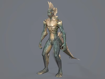 Game Movie Character 3D Render Humanoid Creature With Fin Head Green Scaly Skin Muscular Tail 3d model
