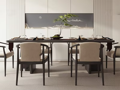 Elegant Modern Restaurant Interior With Dining Table Chairs Landscape Wall Art And Green Plant 3d model