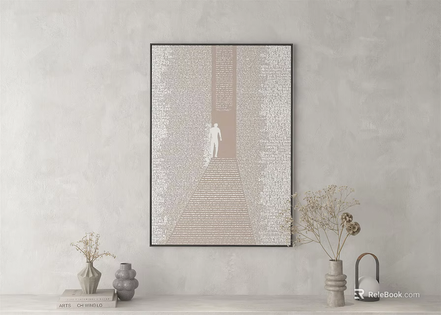 Gray Wall Framed Artwork With Text White Figure And Shelf Decorative Vases 3d model
