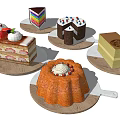 Assorted Colorful Cakes With Cream Fruits And Layered Designs On Plates