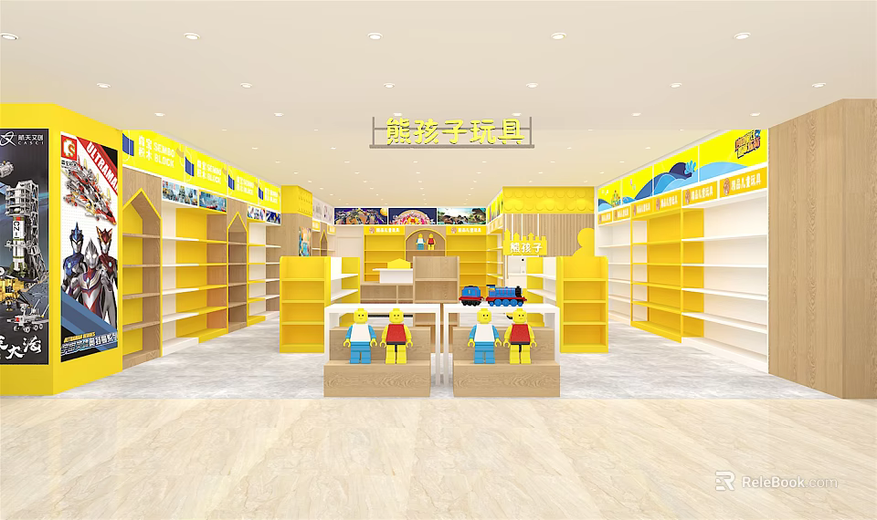 Good Kids Toy Store Interior In Shopping Mall With Yellow Shelves And Building Block Displays 3d model 