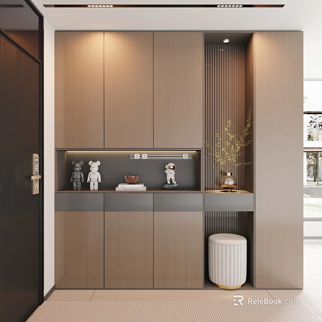 Modern Entryway Interior with Wooden Cabinets Decorations Green Plant and White Round Stool 3d model 