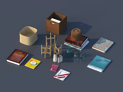 Wooden Stool With Books Woven Basket Straw Hat And Glass Bottles 3d model