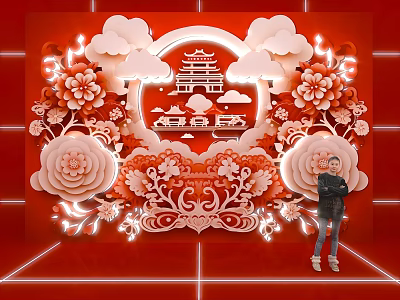 Chinese Style Photo Checkin Spot With Red Paper Cut Flowers And Pavilion 3d model