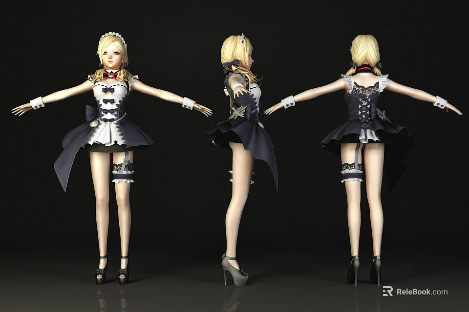 Game Movie Character Three View Poses Blonde Short Hair Black White Short Skirt Lace Outfit 3d model 