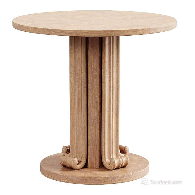 Round Wooden Tea Table With Three Supporting Pillars And Claw Like Base Design 3d model