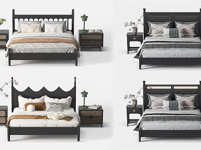 Modern Double Bed Designs With Black Headboard Nightstand Green Plant And Decorative Pillows 3d model