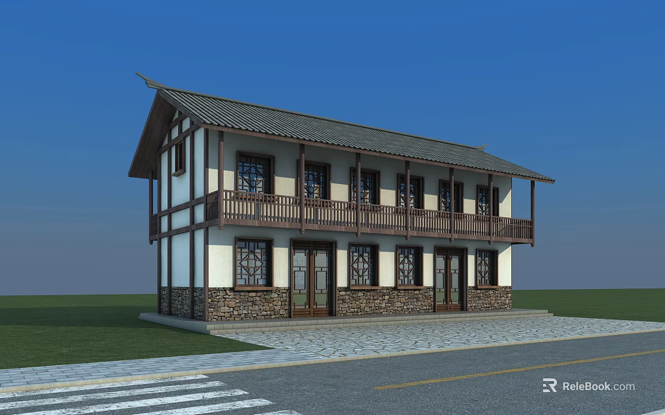 Traditional Chinese Style Two Story Building With Overhanging Eaves Wooden Balcony And Stone Wall Base 3d model 
