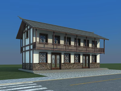 Traditional Chinese Style Two Story Building With Overhanging Eaves Wooden Balcony And Stone Wall Base 3d model