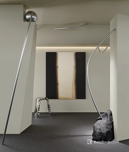 Abstract Painting In Modern Minimalist Interior With Dark Beige Tones And Metallic Curved Decor 3d model 
