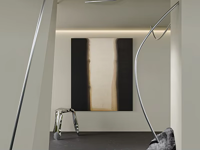 Abstract Painting In Modern Minimalist Interior With Dark Beige Tones And Metallic Curved Decor 3d model