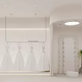Modern Minimalist Bridal Shop Showroom With Arched Display Shelves And Mannequins Displaying Elegant Wedding Dresses