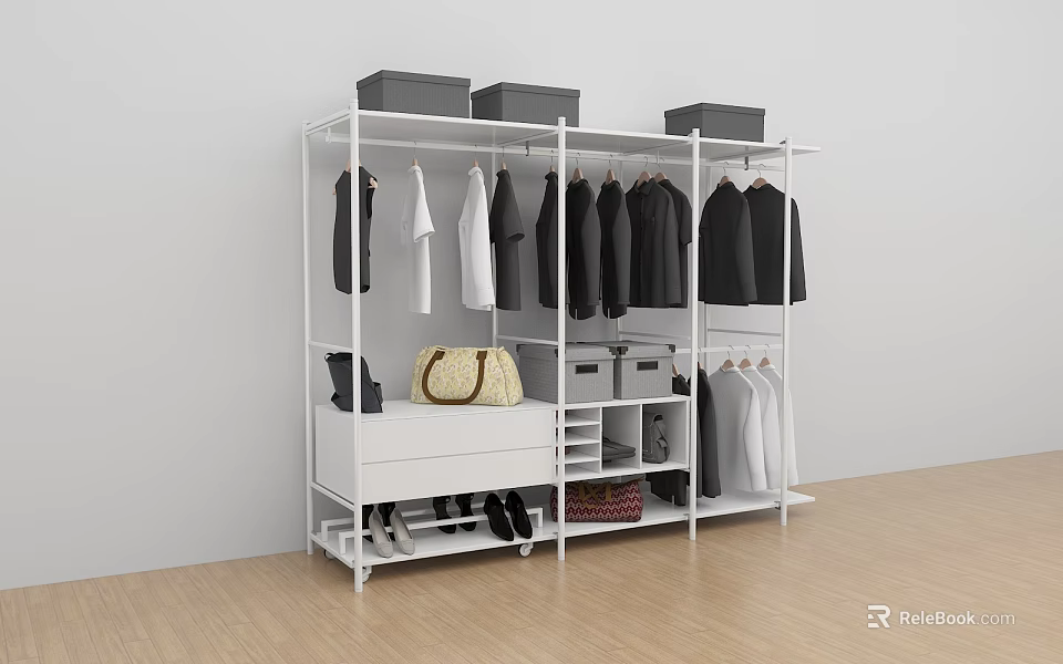 White Open Clothes Rack With Hanging Clothes Storage Boxes Drawer And Shoes 3d model 
