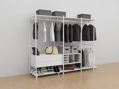 White Open Clothes Rack With Hanging Clothes Storage Boxes Drawer And Shoes 3d model
