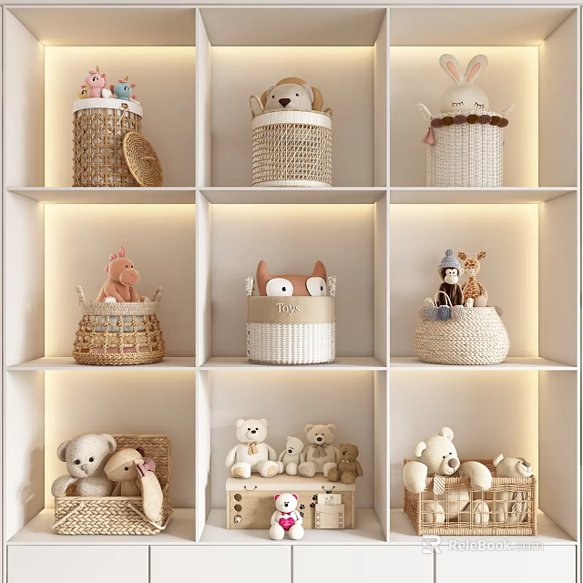Cute Woven Storage Baskets with Stuffed Animals on Shelf in Kids Room 3d model 