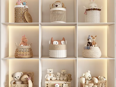 Cute Woven Storage Baskets with Stuffed Animals on Shelf in Kids Room 3d model