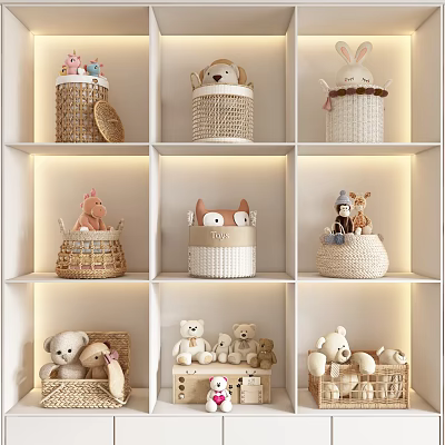 Cute Woven Storage Baskets with Stuffed Animals on Shelf in Kids Room 3d model