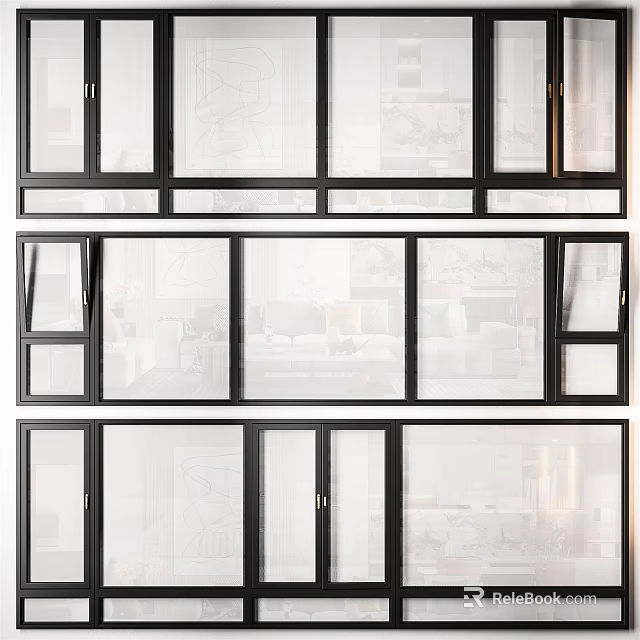 Modern Casement Windows With Sleek Black Frames And Double Glazed Glass Panels 3d model 