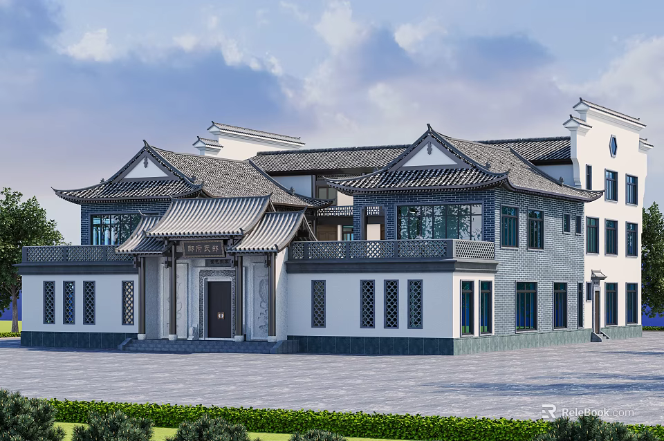 Ancient Chinese Architecture Exterior With Traditional Roof Overhanging Eaves And Lattice Windows 3d model 