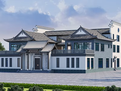 Ancient Chinese Architecture Exterior With Traditional Roof Overhanging Eaves And Lattice Windows 3d model