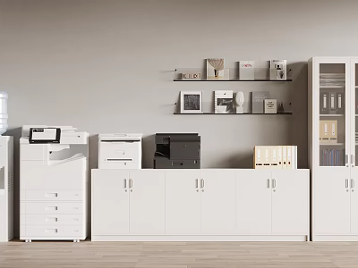 White Glass Door Bookcase In Modern Office With Filing Cabinets Printers Wall Shelves And Decor 3d model