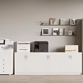 White Glass Door Bookcase In Modern Office With Filing Cabinets Printers Wall Shelves And Decor