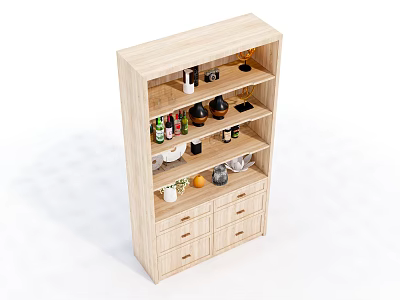 Light Wood Shelf Cabinet With Multiple Shelves And Drawers For Organizing Kitchen Items And Bottles 3d model