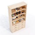 Light Wood Shelf Cabinet With Multiple Shelves And Drawers For Organizing Kitchen Items And Bottles