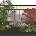 Traditional Garden Landscape Design with Red Maple Trees Stones Lattice Walls and Gravel Ground