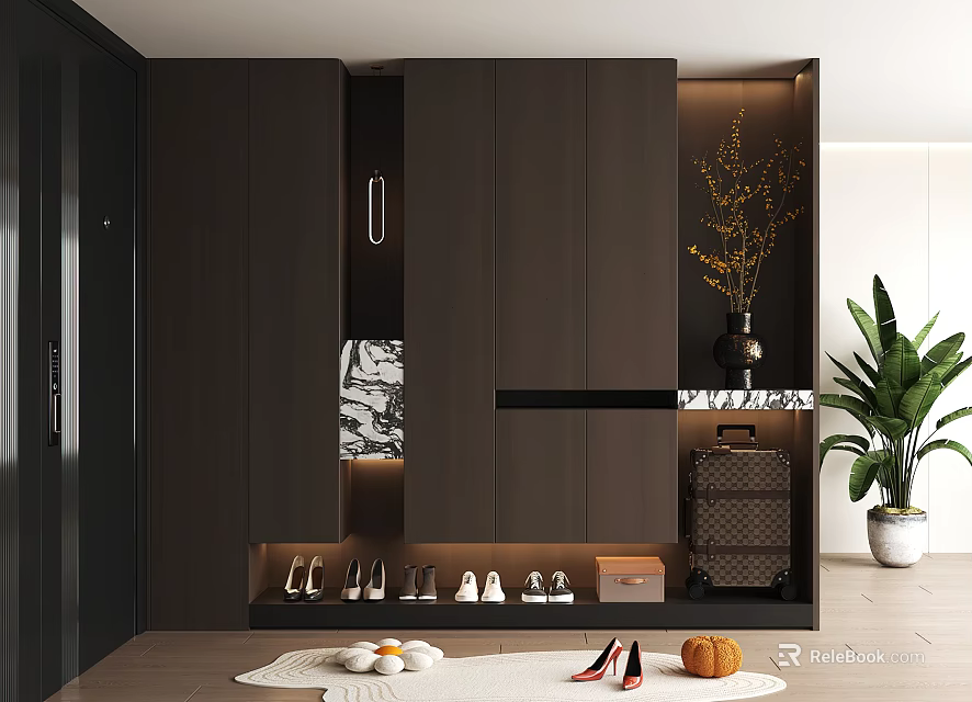 Modern Stylish Dark Shoe Cabinet With Shoes Storage Decorative Vase And Green Plants 3d model 