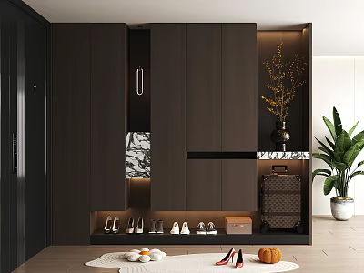 Modern Stylish Dark Shoe Cabinet With Shoes Storage Decorative Vase And Green Plants 3d model