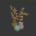 Hand Sculpted Clay Vases With Olive Branch Decoration On Dark Reflective Surface