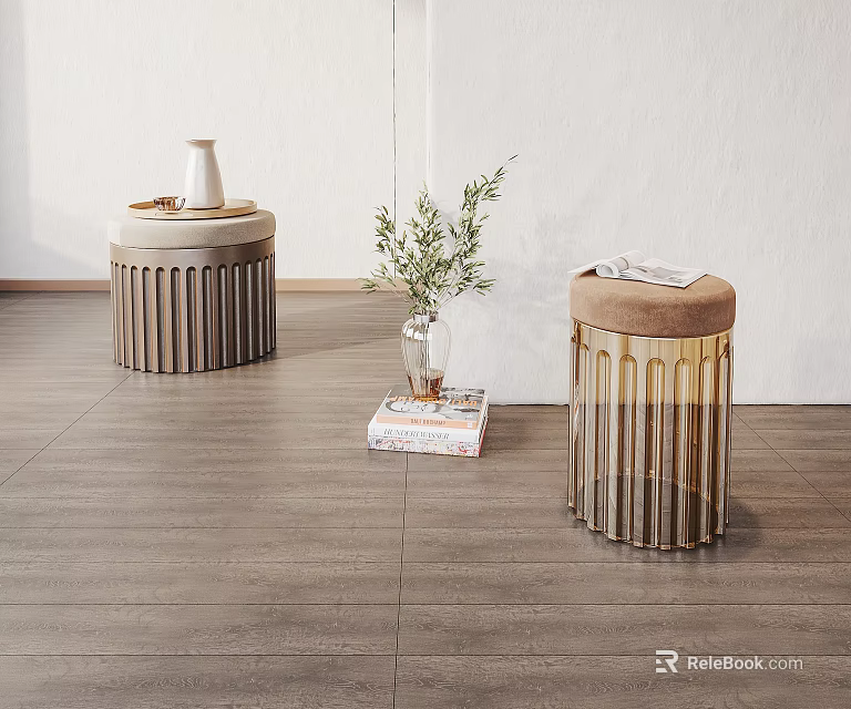 Modern Side Tables with Striped Bases Wooden Design and Vase Green Plant Magazine on Top 3d model 