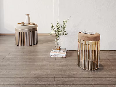 Modern Side Tables with Striped Bases Wooden Design and Vase Green Plant Magazine on Top 3d model