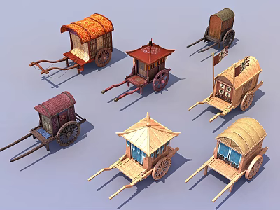 Various Traditional Horse Drawn Carriages With Different Roof And Wooden Designs 3d model