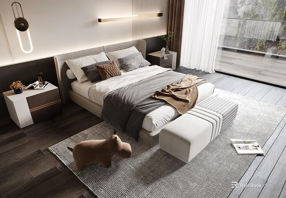 Modern Double Bed Bedroom Interior Design With Bedside Lights Bedding Bench Rug And Wooden Floor 3d model 