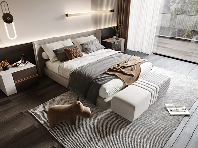 Modern Double Bed Bedroom Interior Design With Bedside Lights Bedding Bench Rug And Wooden Floor 3d model
