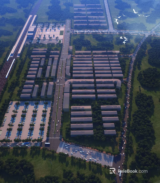 Aerial View Planning of Residential Area With Neat Buildings Roads Parking Lots and Green Spaces 3d model 