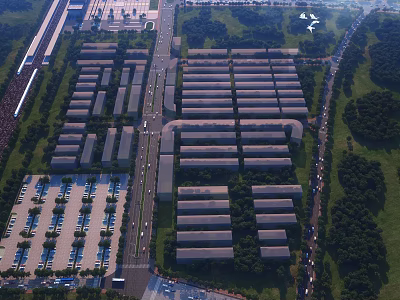 Aerial View Planning of Residential Area With Neat Buildings Roads Parking Lots and Green Spaces 3d model