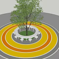 Round Outdoor Table and Chair Set with Central Tree on Colorful Circular Floor