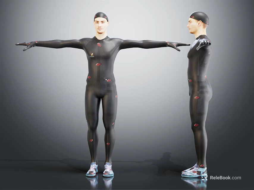 Men In Black Tight Fitting Suits Stretching Arms Front And Side View 3d model 