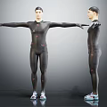 Men In Black Tight Fitting Suits Stretching Arms Front And Side View 3d model